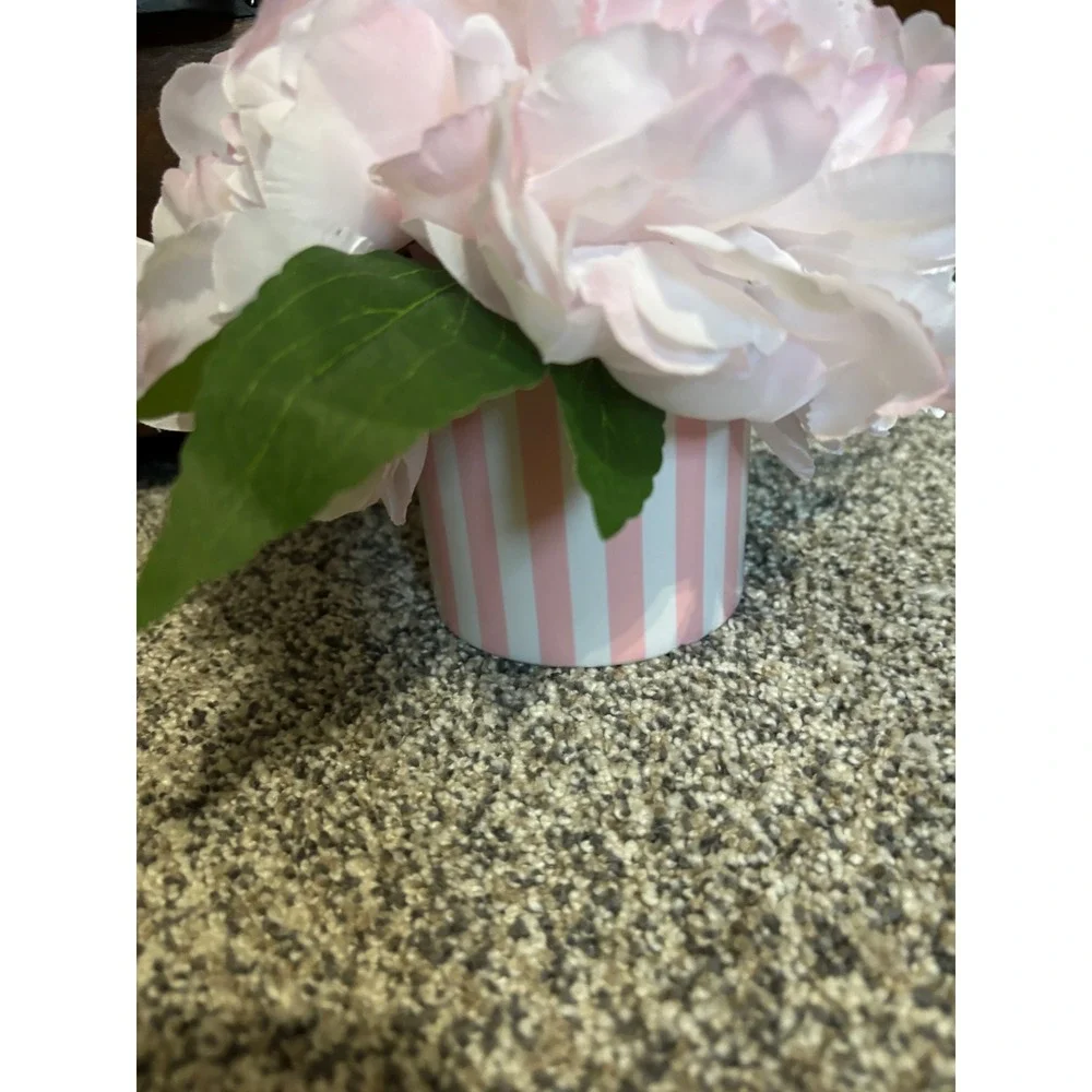 Pink Faux Peony Floral Arrangement in Pink White Striped Pot Decorative Accent